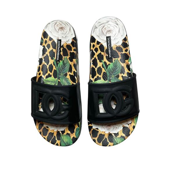 Dolce & Gabbana Portofino Leopard Floral Rubber Logo Pool Slides Sandals Size 40